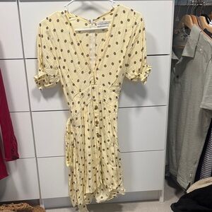 Faithfull the Brand Yellow Asymmetrical Dress with Brown Polka Dots